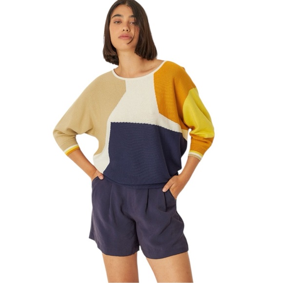 Skunkfunk Sweaters - NWT SKFK Naike Multicolor Blue Cream Gold Batwing Cotton Sweater Medium Reg $109